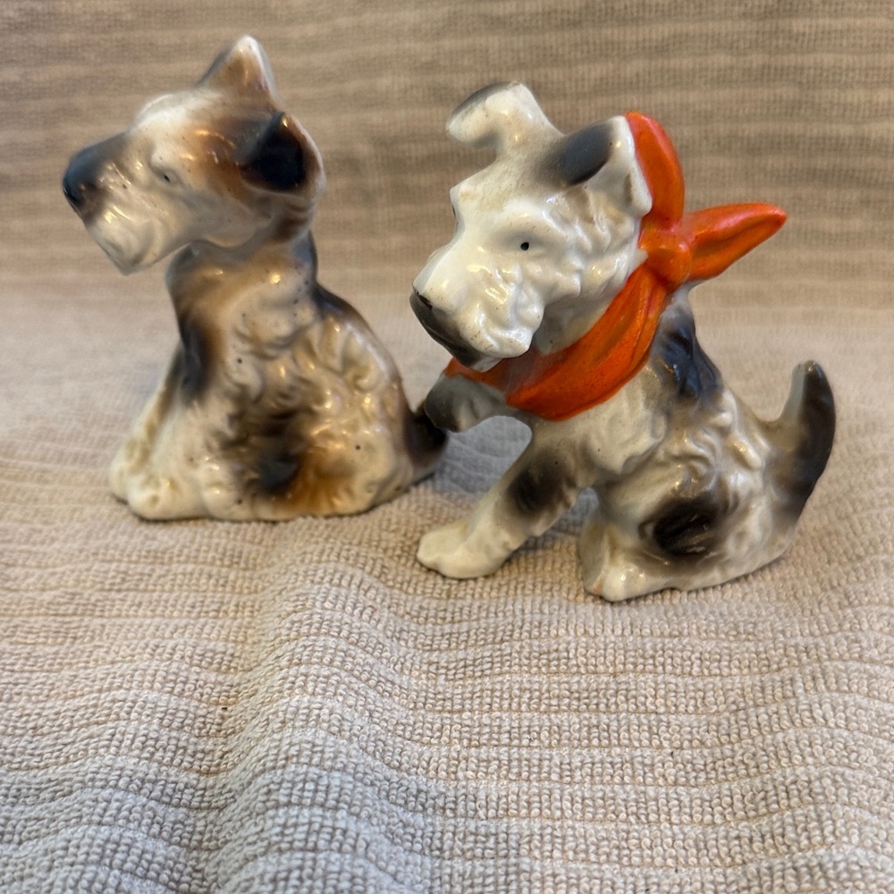 Vintage Ceramic Dog Figurines with orange Scarf. Made in Japan